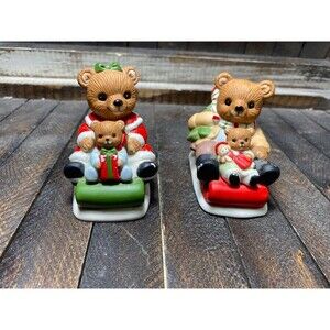 HOMCO #5102 Christmas Teddy Bear Sledding Figurines Ceramic Lot of 2
